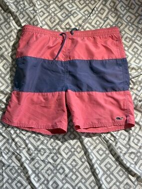Vineyard Vines Coral Pink and Navy Stripe Swim Trunks